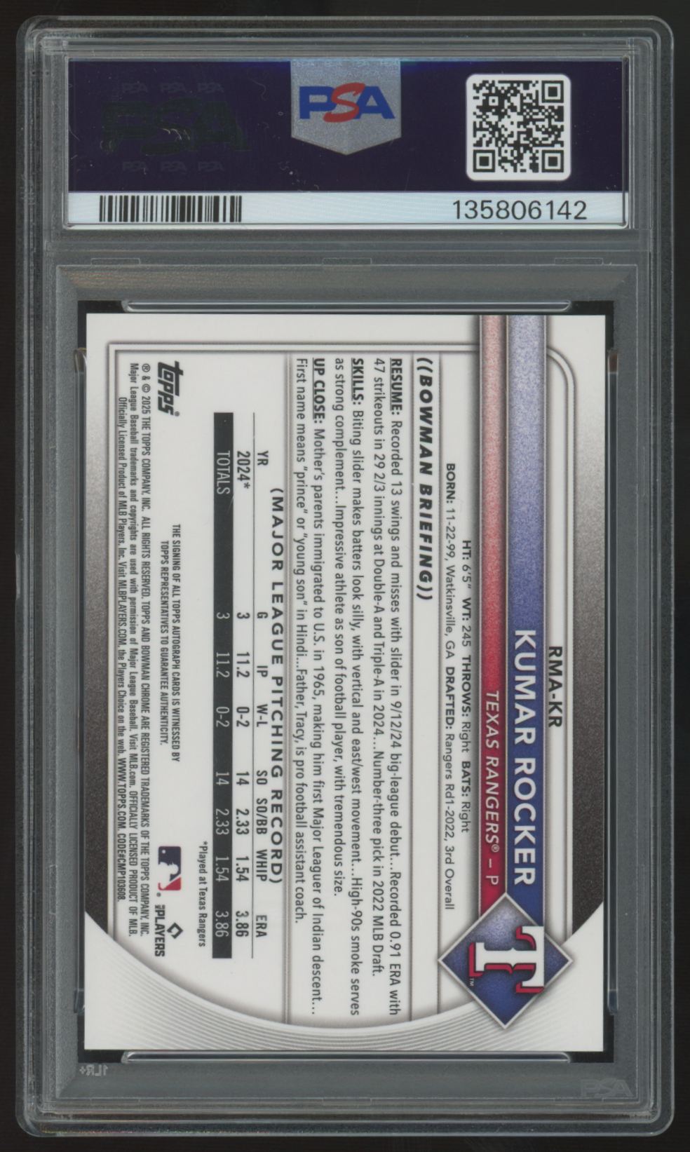 2025 Bowman Mega Kumar Rocker RC Auto /99 #RMA-KR PSA 10