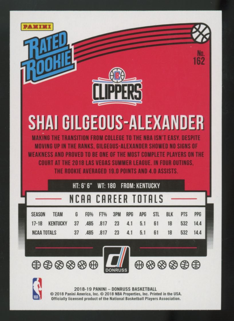 2018-19 Panini Donruss Shai Gilgeous-Alexander RC Rated Rookie #162