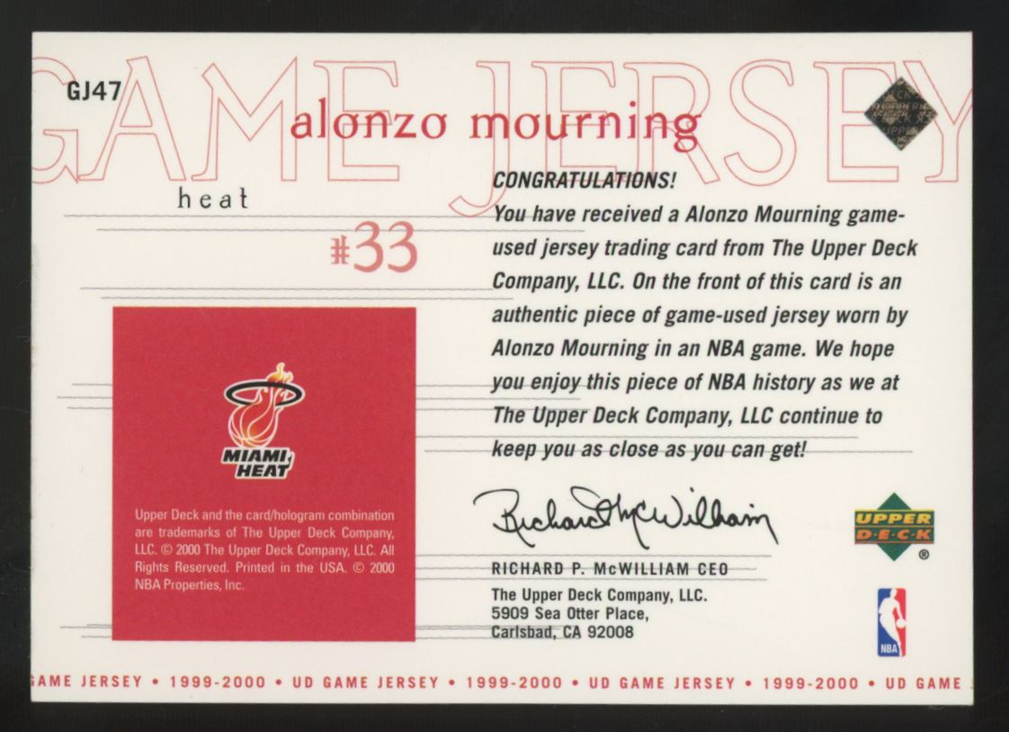 1999-00 Upper Deck Alonzo Mourning Game Jersey Patch #GJ47