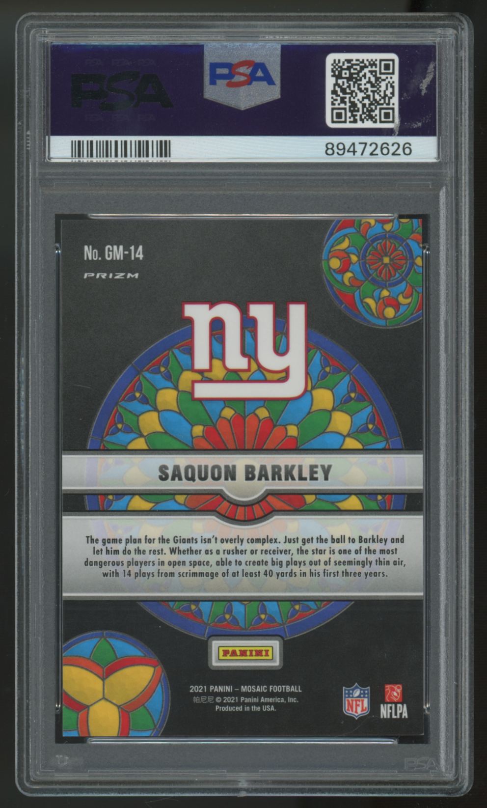 2021 Panini Mosaic Saquon Barkley Glass Mosaic SSP #GM-14 PSA 9