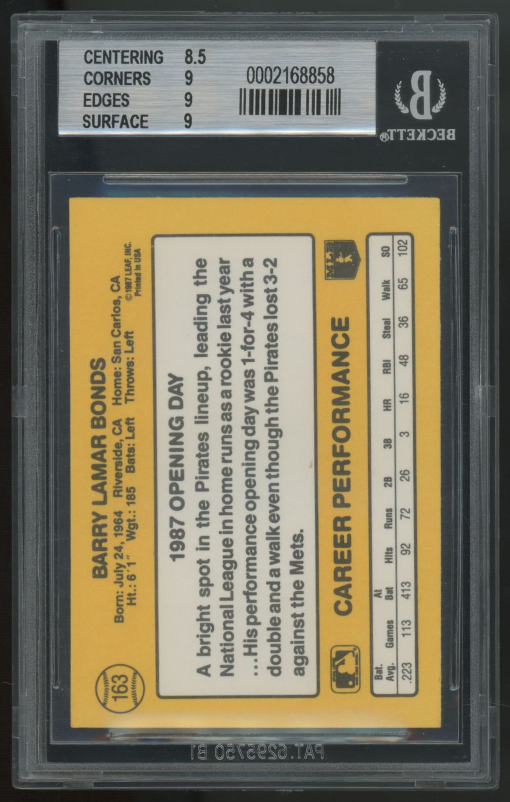 1987 Donruss Opening Day Barry Bonds RC Correct Photo #163 BGS 9