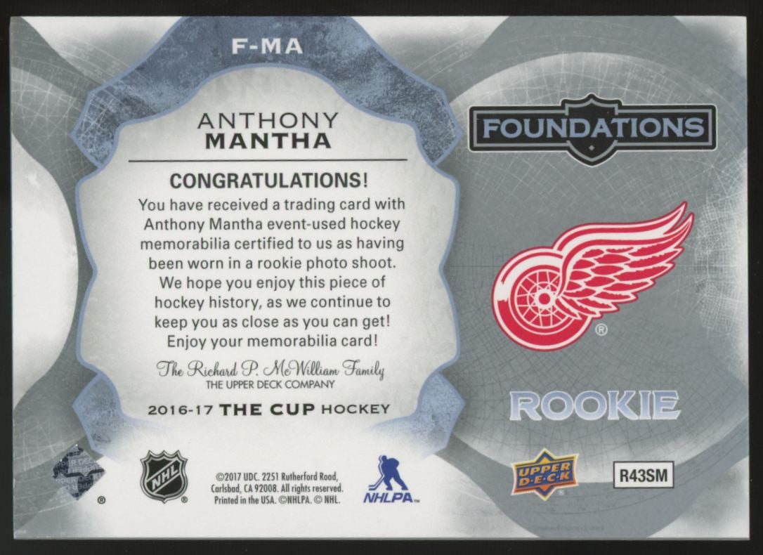 2016-17 Upper Deck The Cup Anthony Mantha RC Foundations Quad Patch /49