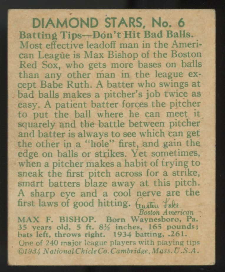 1934 National Chicle Max Bishop Diamond Stars #6 Poor (Pinhole)