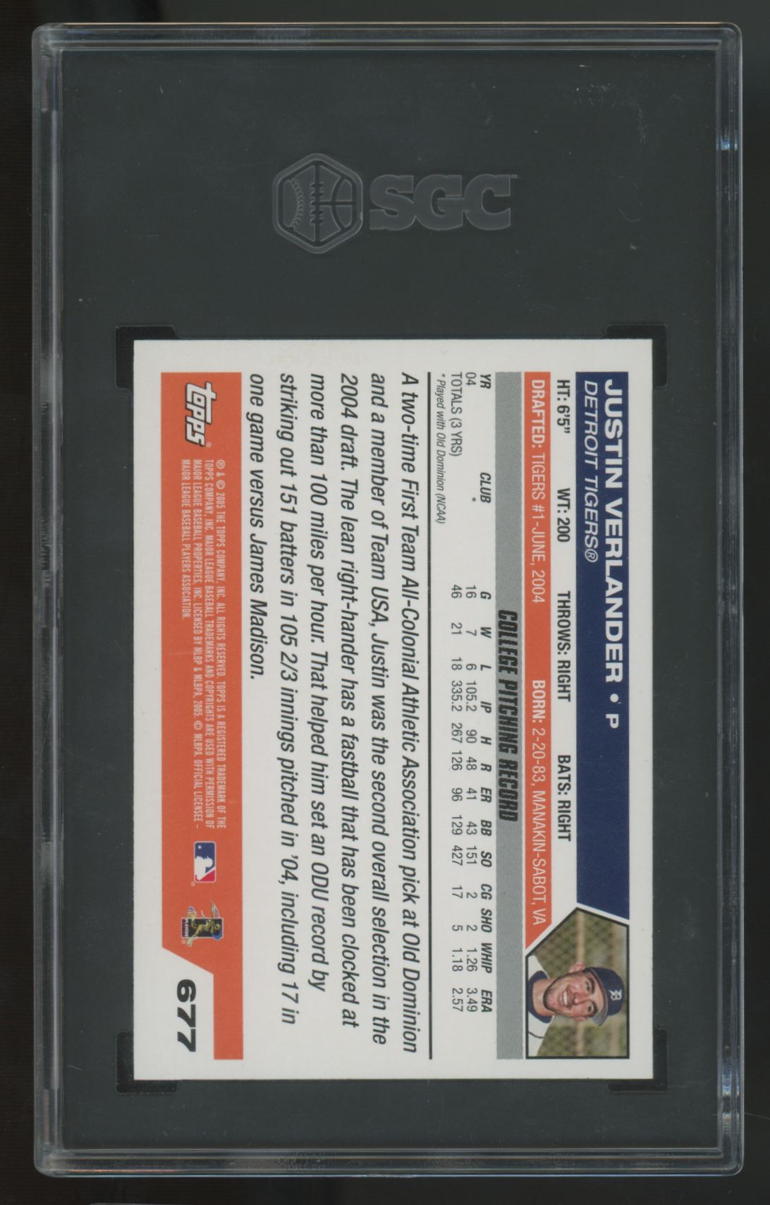 2005 Topps Justin Verlander RC Draft Pick First Year #677 SGC 9