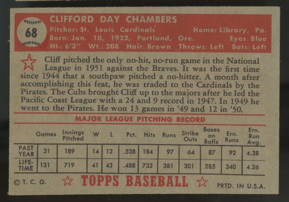 1952 Topps Cliff Chambers #68 VG/EX "A"