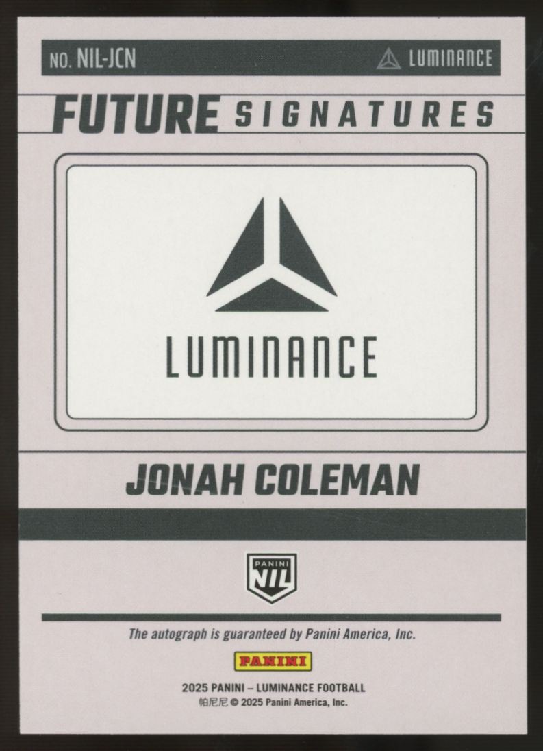 2025 Panini Luminance Jonah Coleman NIL Future Signatures Auto #NIL-JCN