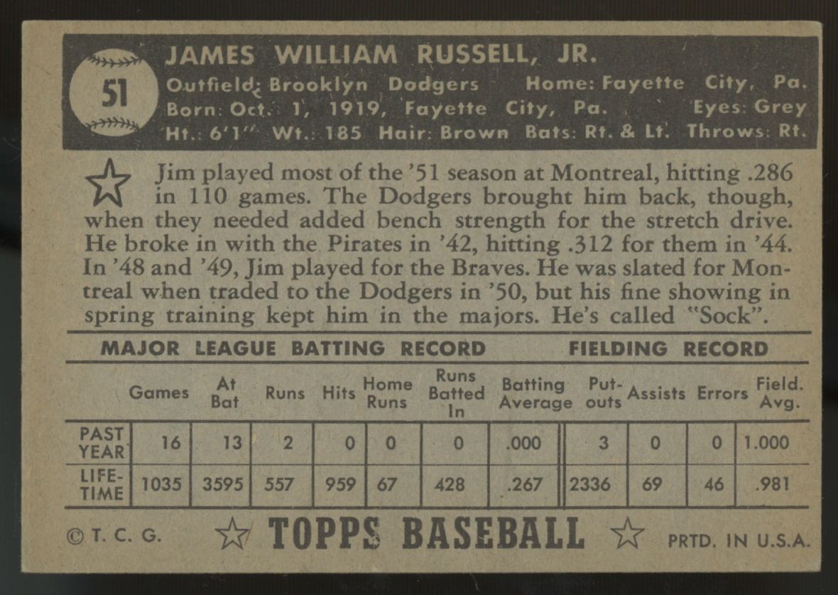 1952 Topps Jim Russell Black Back #51 NM