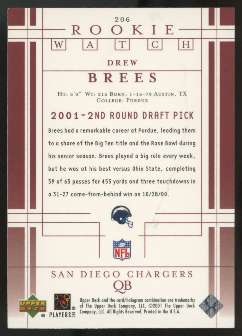 2001 Upper Deck Drew Brees Rookie Watch #206