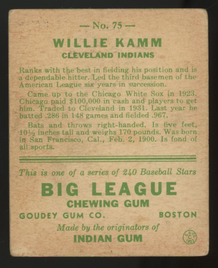 1933 Goudey Willie Kamm #75 VG