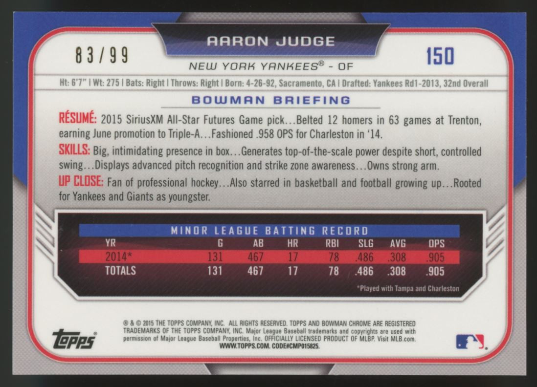 2015 Bowman Chrome Aaron Judge Green /99 #150 NM-MT