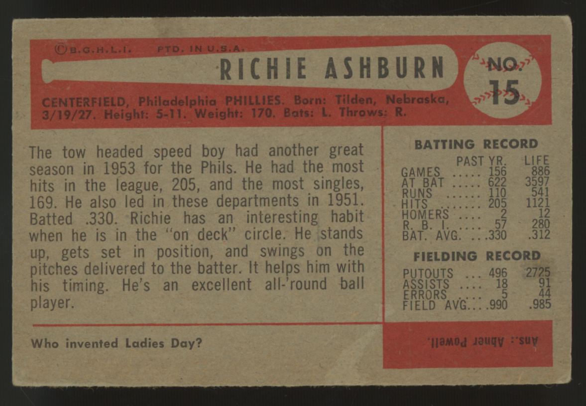 1954 Bowman Richie Ashburn #15 VG/EX