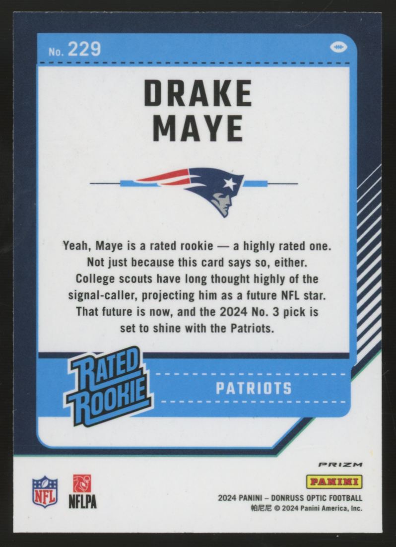 2024 Panini Donruss Optic Drake Maye RC Rated Rookie Purple Shock Prizm #229