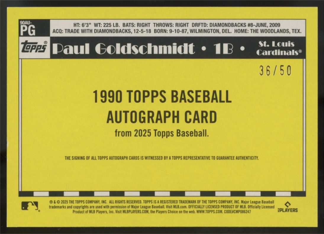 2025 Topps Series Two Paul Goldschmidt 1990 Topps Auto Gold /50 #90AU-PG