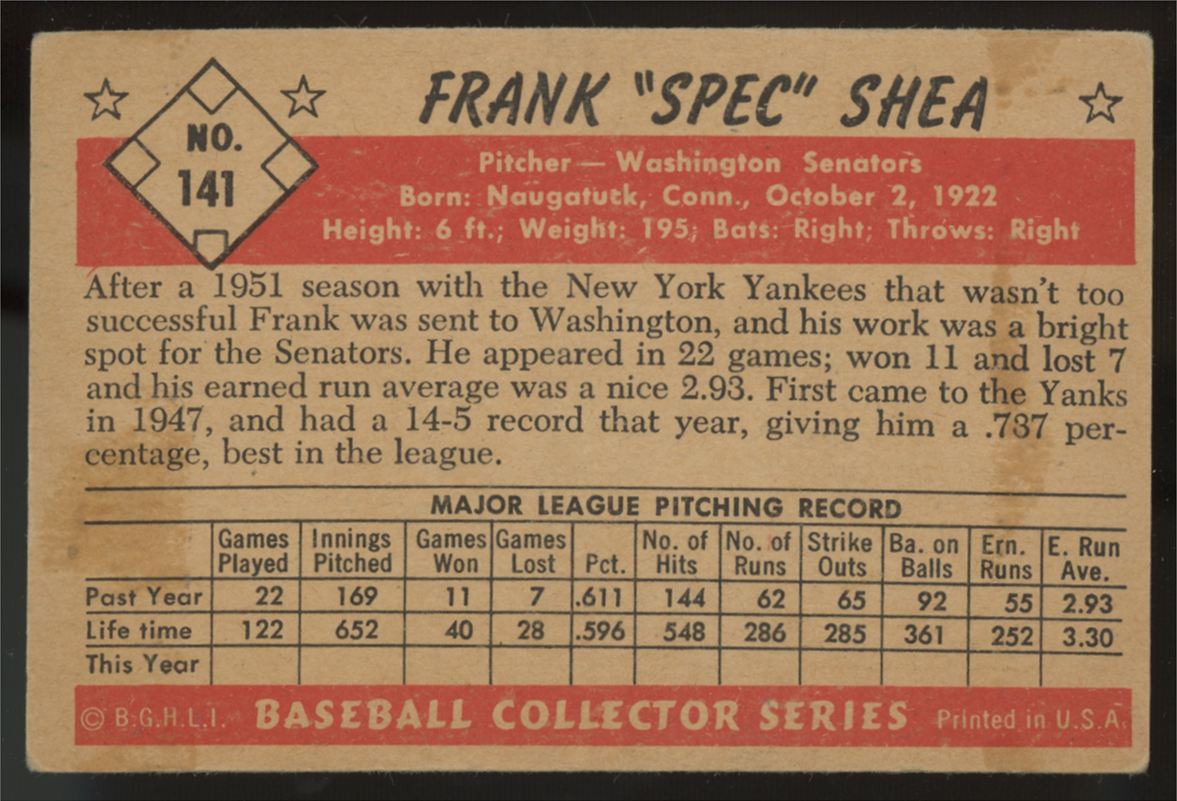 1953 Bowman Frank "Spec" Shea #141 VG/EX