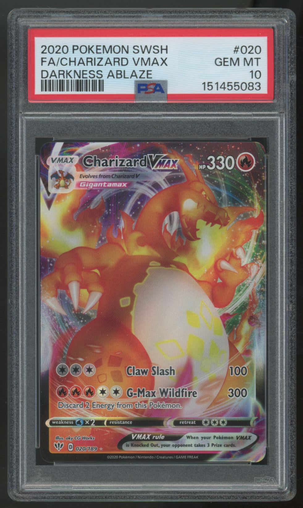 2020 Pokemon Charizard VMAX Darkness Ablaze Full Art #020 PSA 10 (B)