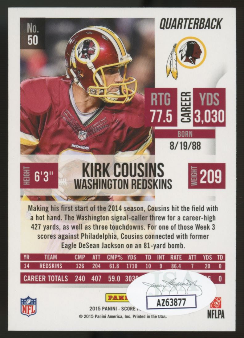 2015 Score Kirk Cousins #50 Signed Auto JSA