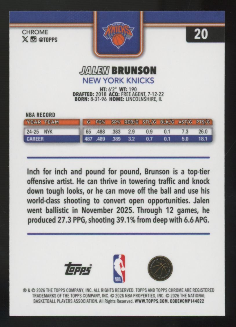 2025-26 Topps Chrome Update Jalen Brunson Speckle Image Variation #20