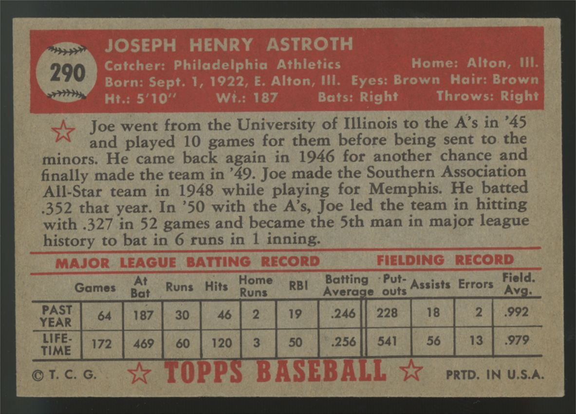 1952 Topps Joe Astroth #290 EX/EX-MT