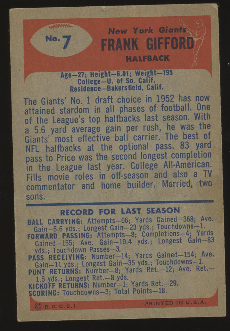 1955 Bowman Vintage Football #7 Frank Gifford HOF New York Giants - EX Condition