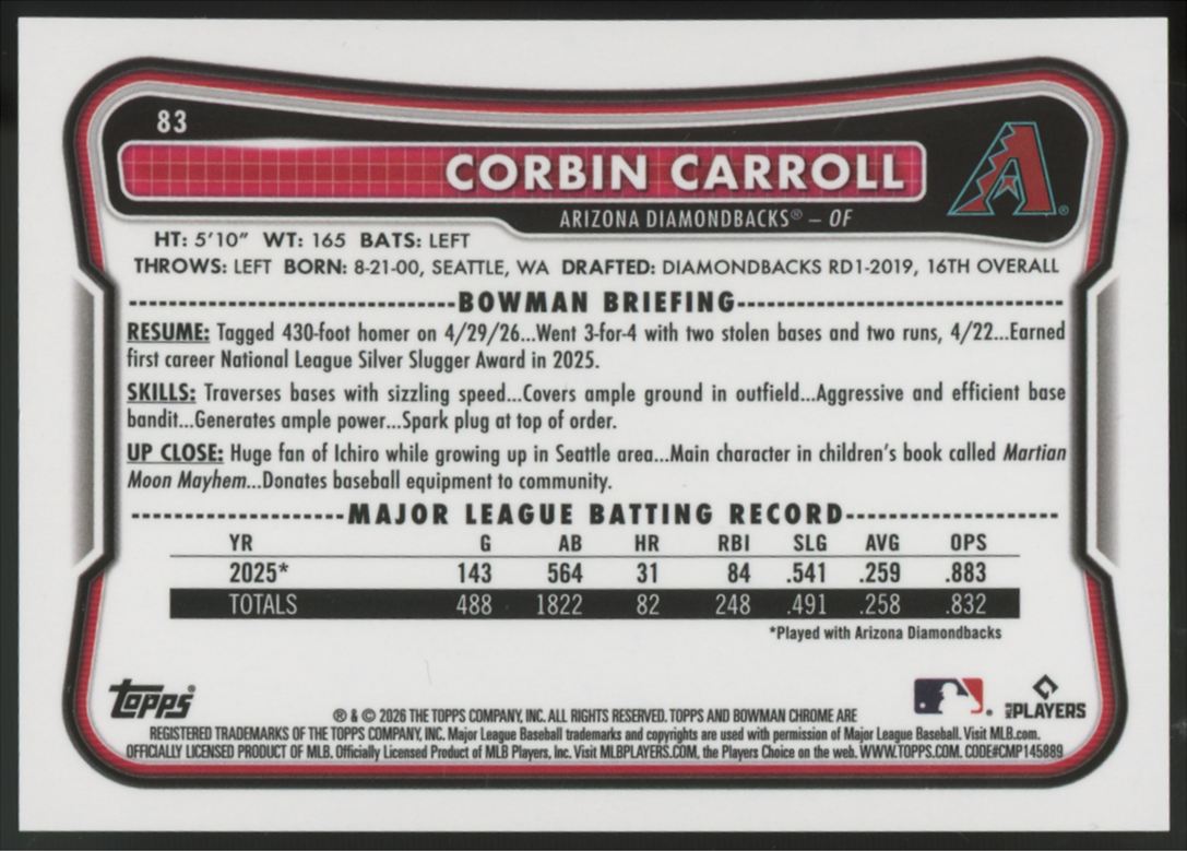 2026 Bowman Chrome Corbin Carroll Gold Refractor /50 #83