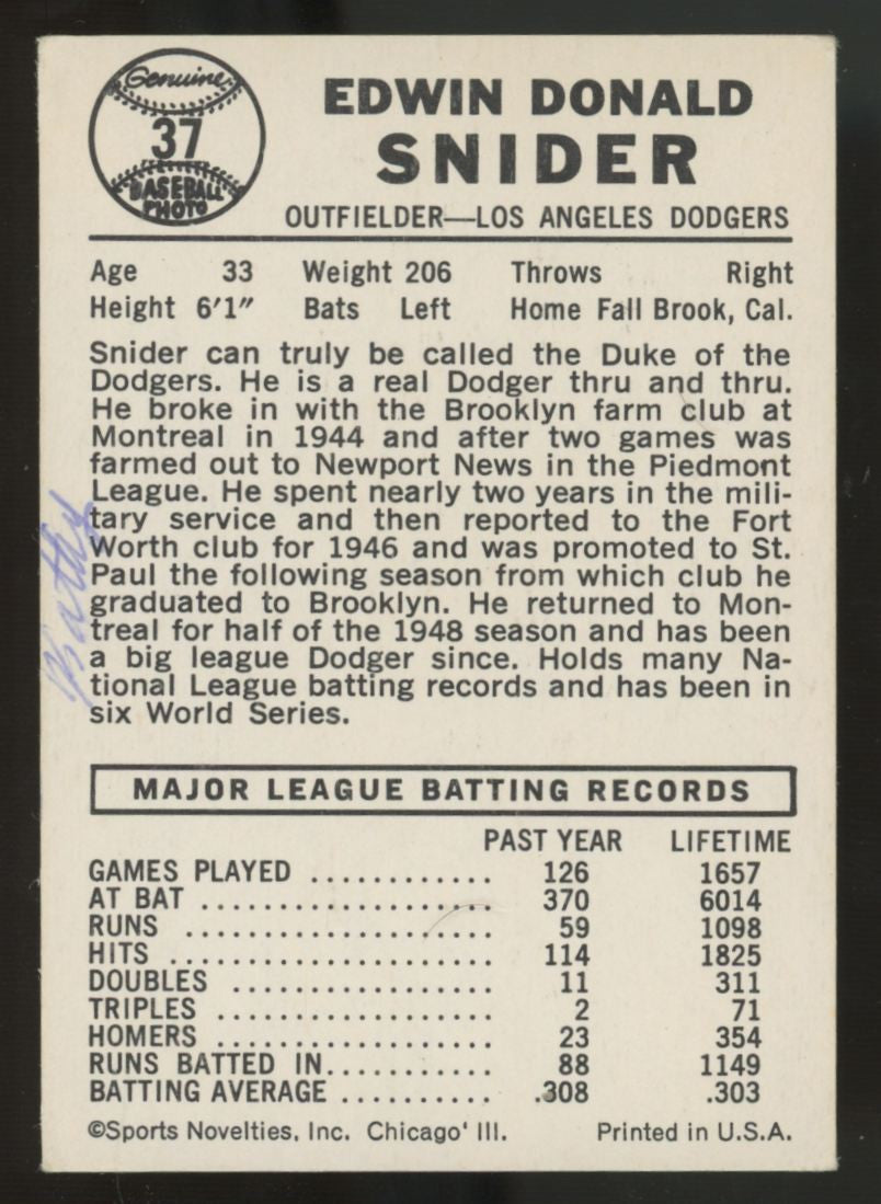1960 Leaf Duke Snider #37 Poor (Writing)