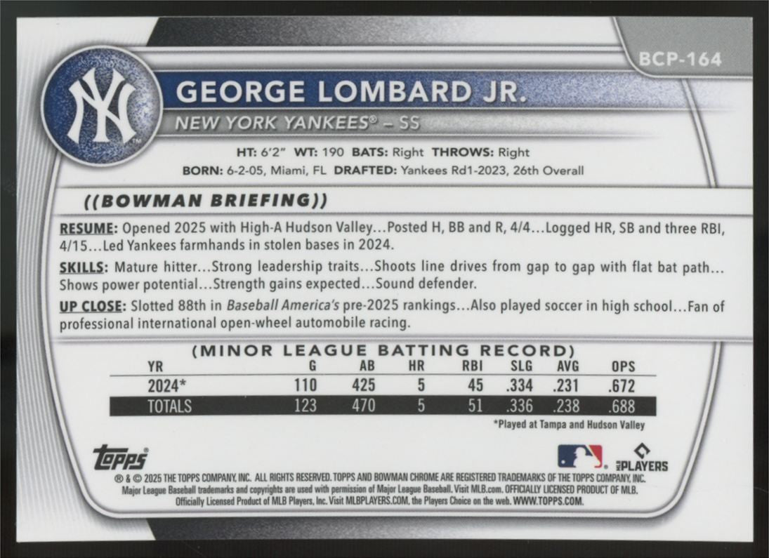 2025 Bowman Chrome Mega George Lombard Jr. Prospects Orange Mojo /25 #BCP-164