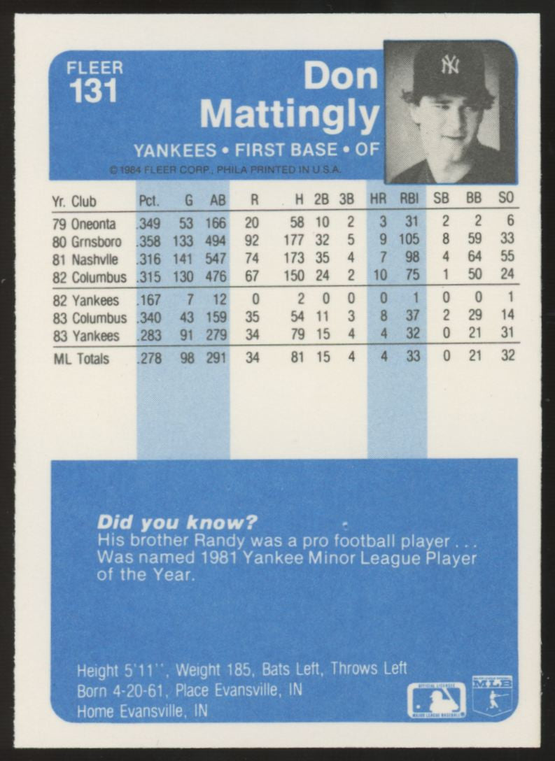 1984 Fleer Don Mattingly RC #131 NM-MT "D"