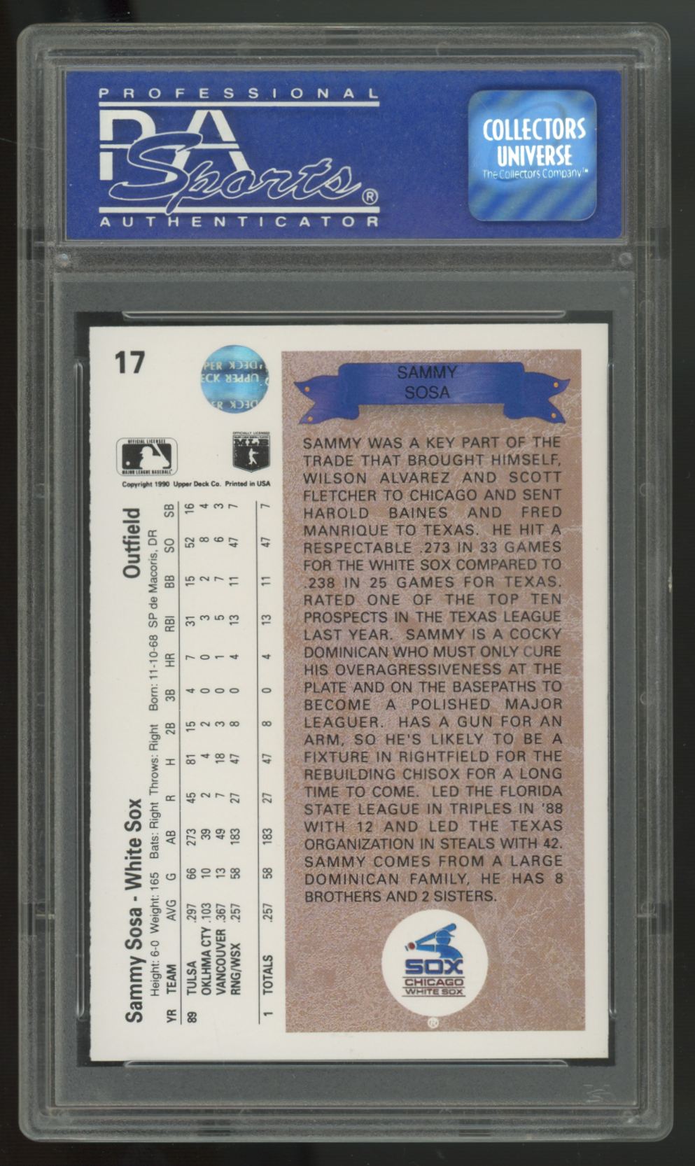 1990 Upper Deck Sammy Sosa RC Star Rookie #17 PSA 9