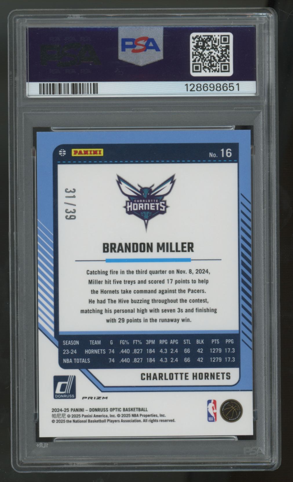 2024-25 Donruss Optic Brandon Miller Black Velocity /39 #16 PSA 10