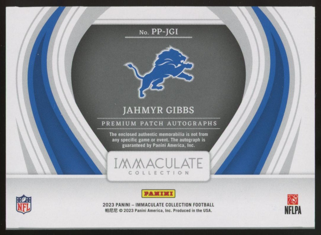 2023 Immaculate Collection Jahmyr Gibbs RC Premium Patch Auto RPA /99 #PP-JG1