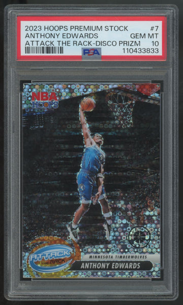 2023-24 Premium Stock Anthony Edwards Attack The Rack Disco Prizm #7 PSA 10