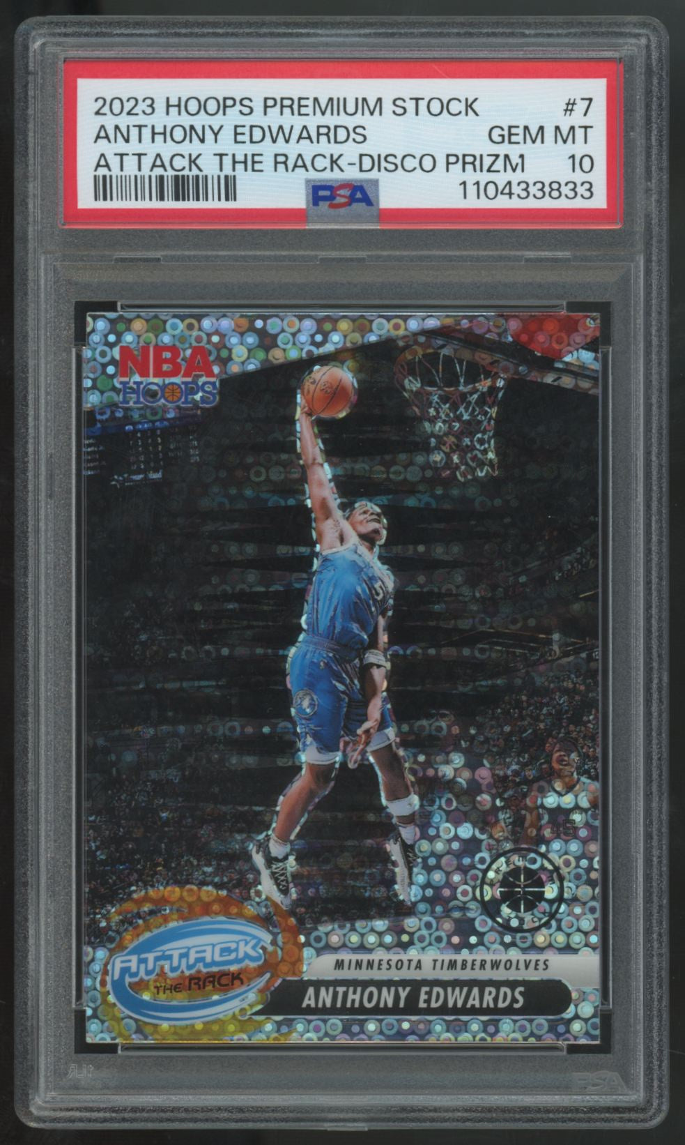 2023-24 Premium Stock Anthony Edwards Attack The Rack Disco Prizm #7 PSA 10