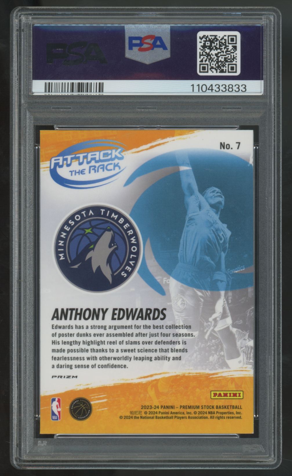 2023-24 Premium Stock Anthony Edwards Attack The Rack Disco Prizm #7 PSA 10