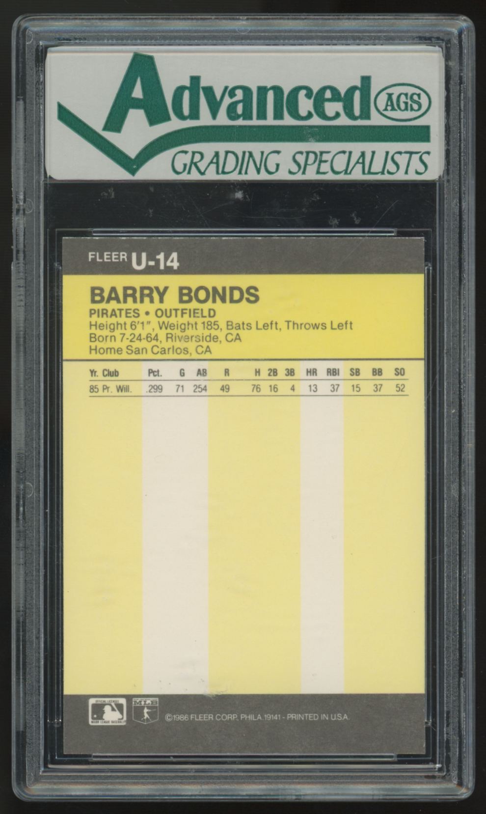 1986 Fleer Update Barry Bonds RC #U-14 AGS 9 *818