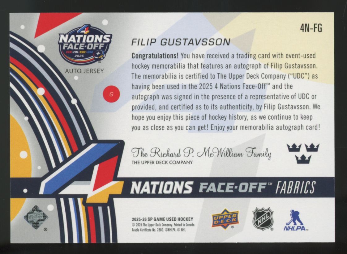 2025-26 Upper Deck SP Game Used Filip Gustavsson 4 Nations Patch Auto #4N-FG