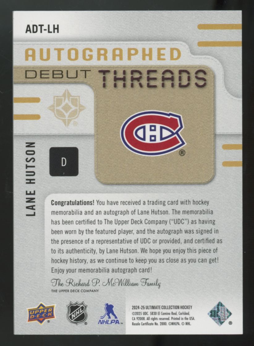 2024-25 Upper Deck Ultimate Lane Hutson RC Debut Patch Auto RPA /99 #ADT-LH