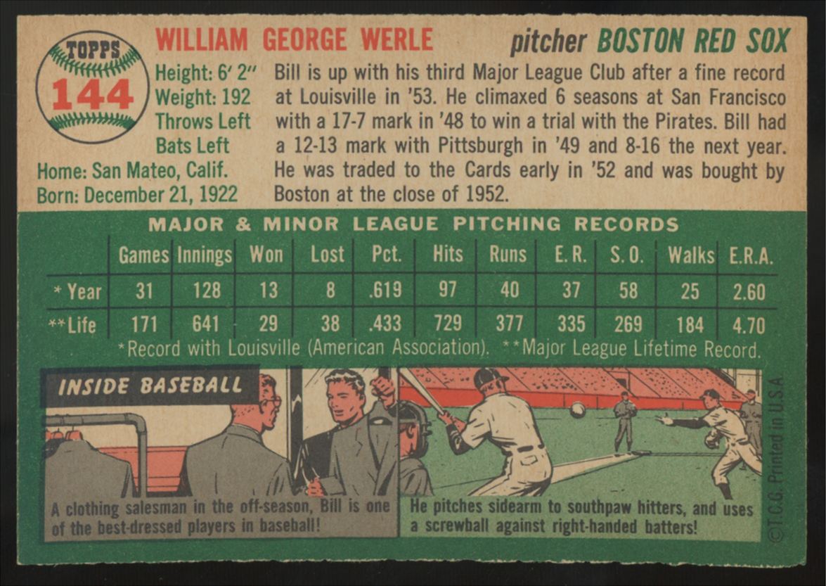 1954 Topps Bill Werle #144 EX/MT