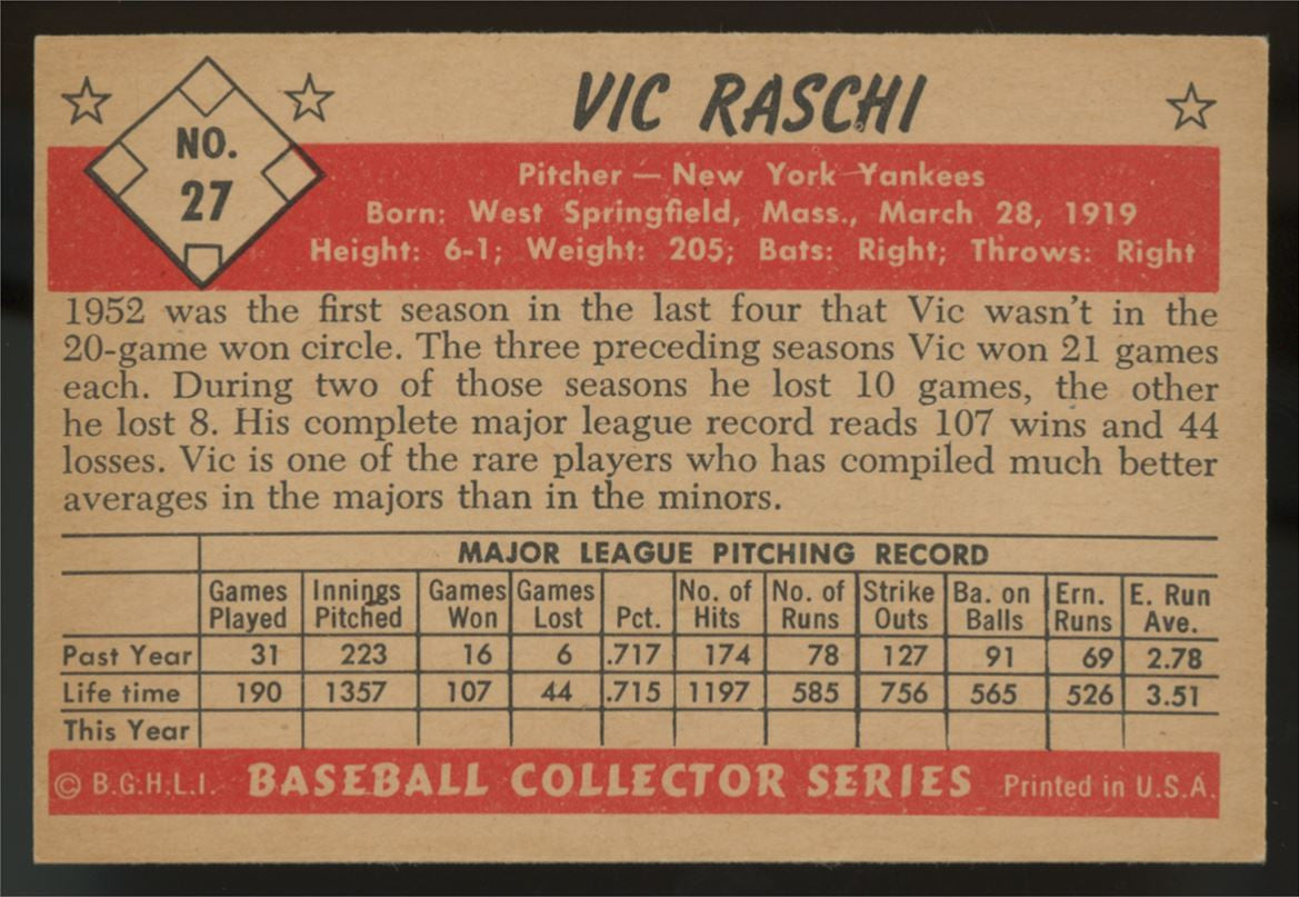 1953 Bowman Color Vic Raschi #27 EX/MT