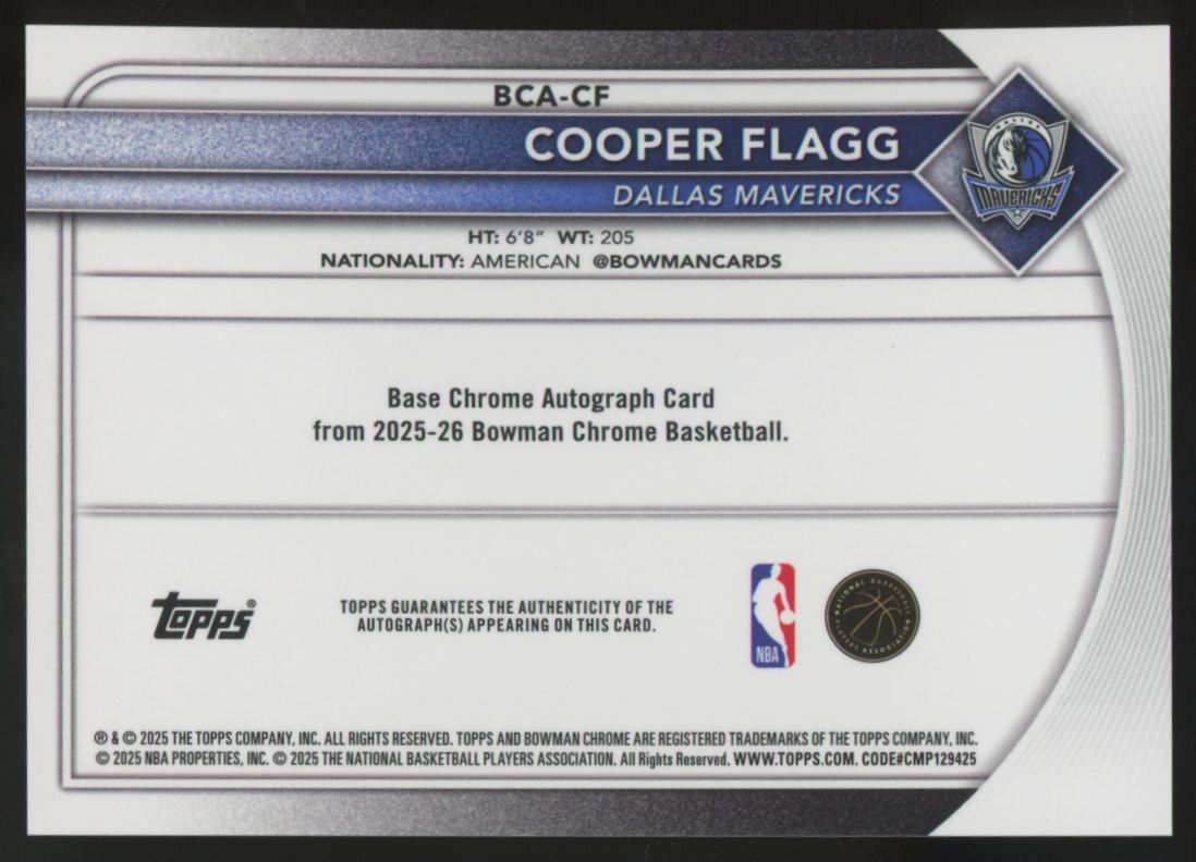 2025-26 Bowman Chrome Cooper Flagg RC Purple Auto /250 #BCA-CF