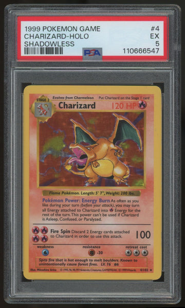1999 Pokemon Charizard Base Set Unlimited Shadowless Holo #4 PSA 5