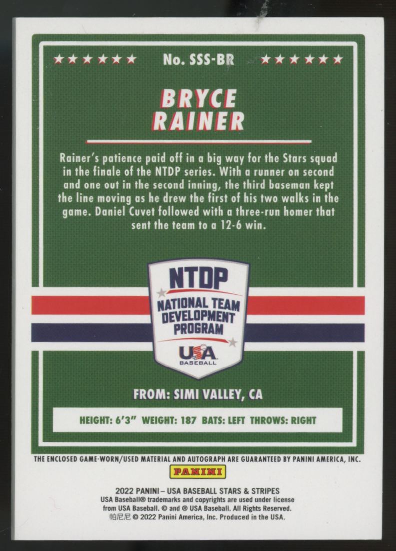 2022 USA Stars & Stripes Bryce Rainer Prime Development Program Patch Auto /25