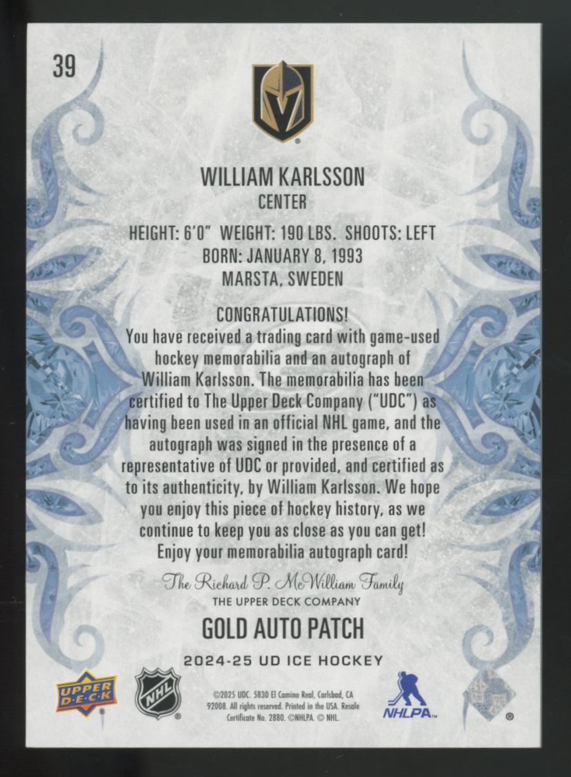 2024-25 Upper Deck Ice William Karlsson Gold Patch Auto /49 #3