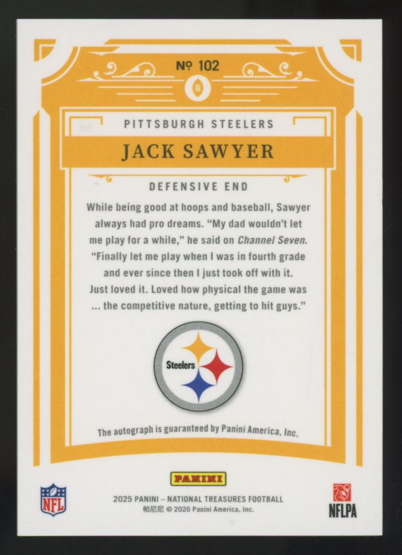 2025 Panini National Treasures Jack Sawyer RC Auto /99 #102