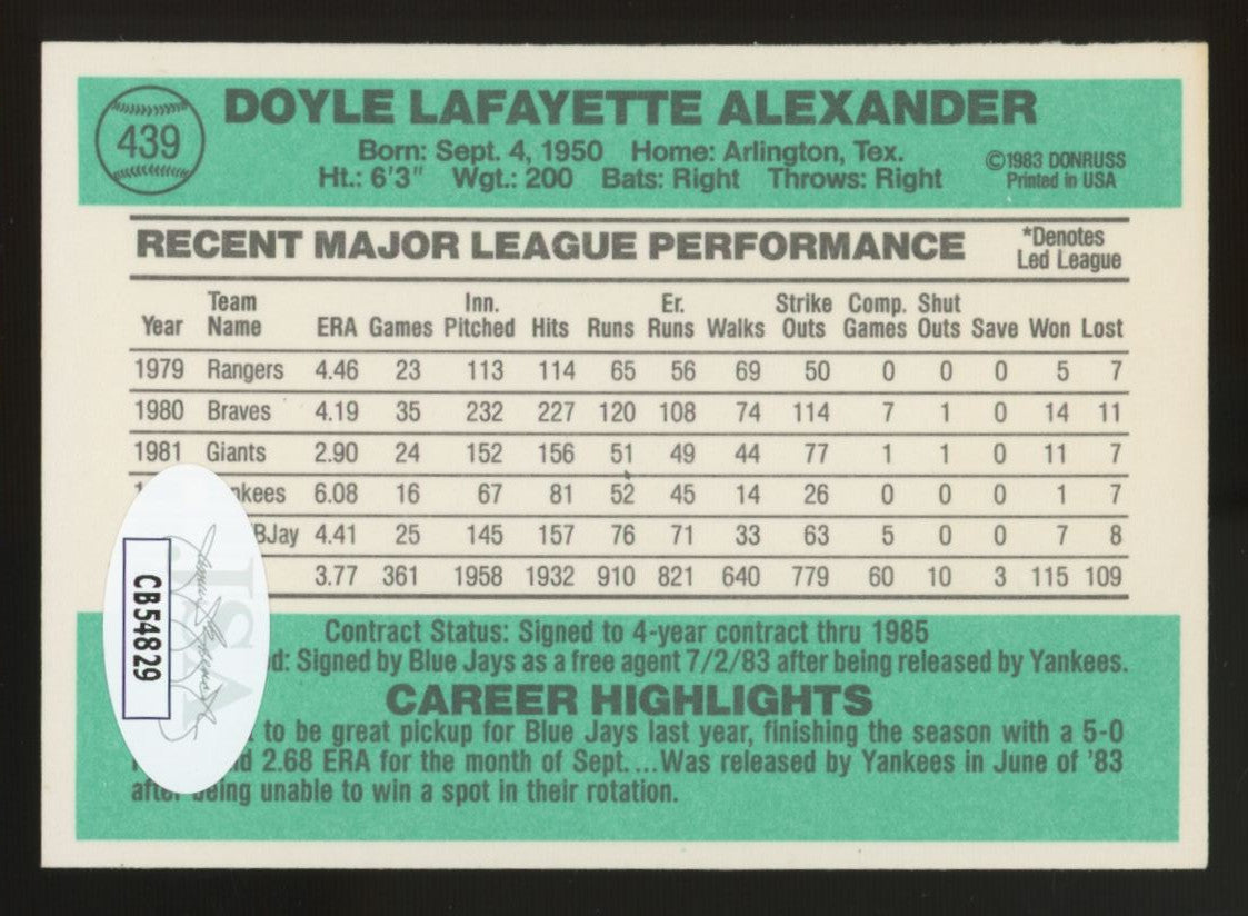 1984 Donruss Doyle Alexander #439 Signed Auto JSA