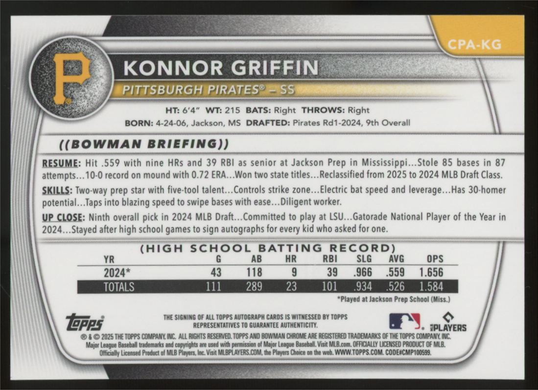 2025 Bowman Chrome Konnor Griffin Prospect Auto Green Shimmer /99 #CPA-KG