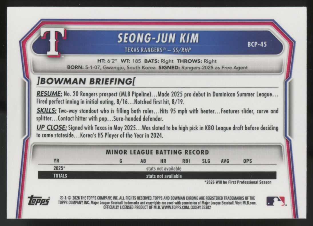 2026 Bowman Chrome Seong-Jun Kim 1st Speckle /299 #BCP-45