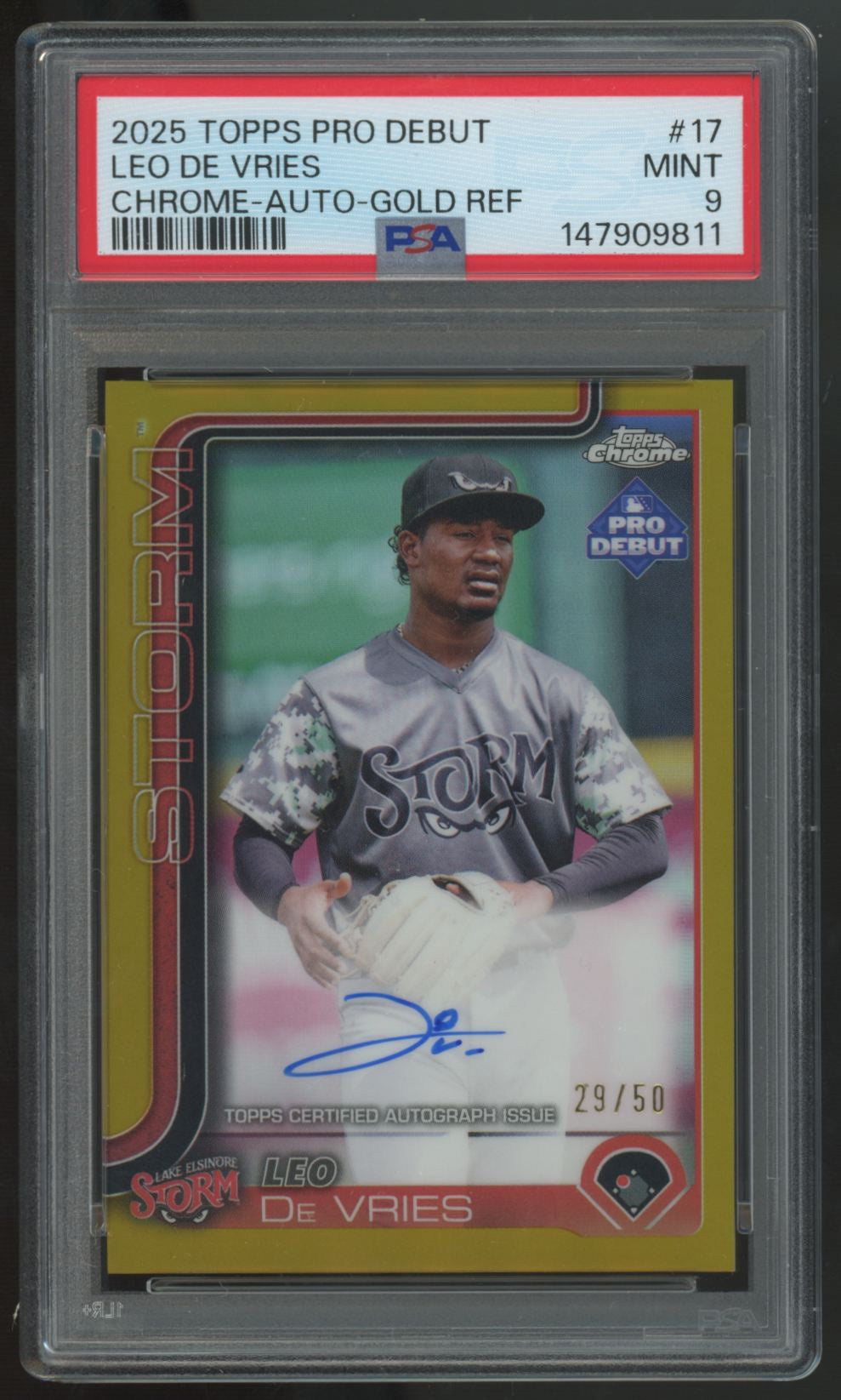 2025 Topps Pro Debut Leo De Vries Chrome Gold Auto /50 #PDC-17 PSA 9