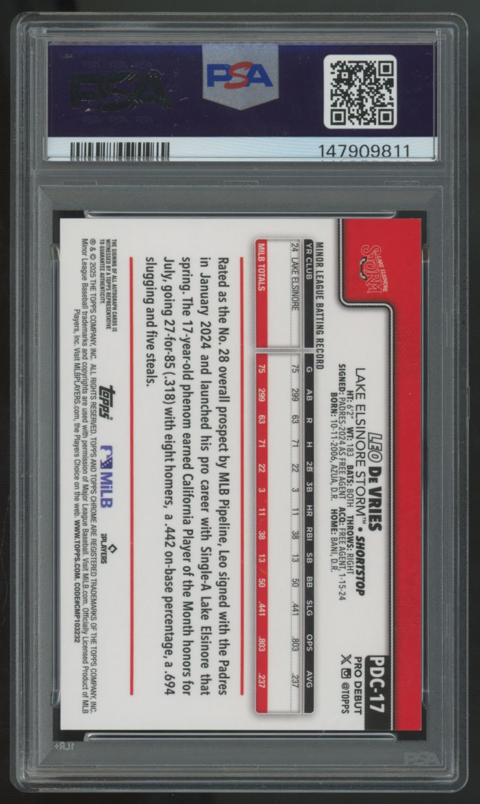 2025 Topps Pro Debut Leo De Vries Chrome Gold Auto /50 #PDC-17 PSA 9