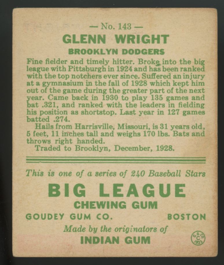 1933 Goudey Glenn Wright #143 VG-EX