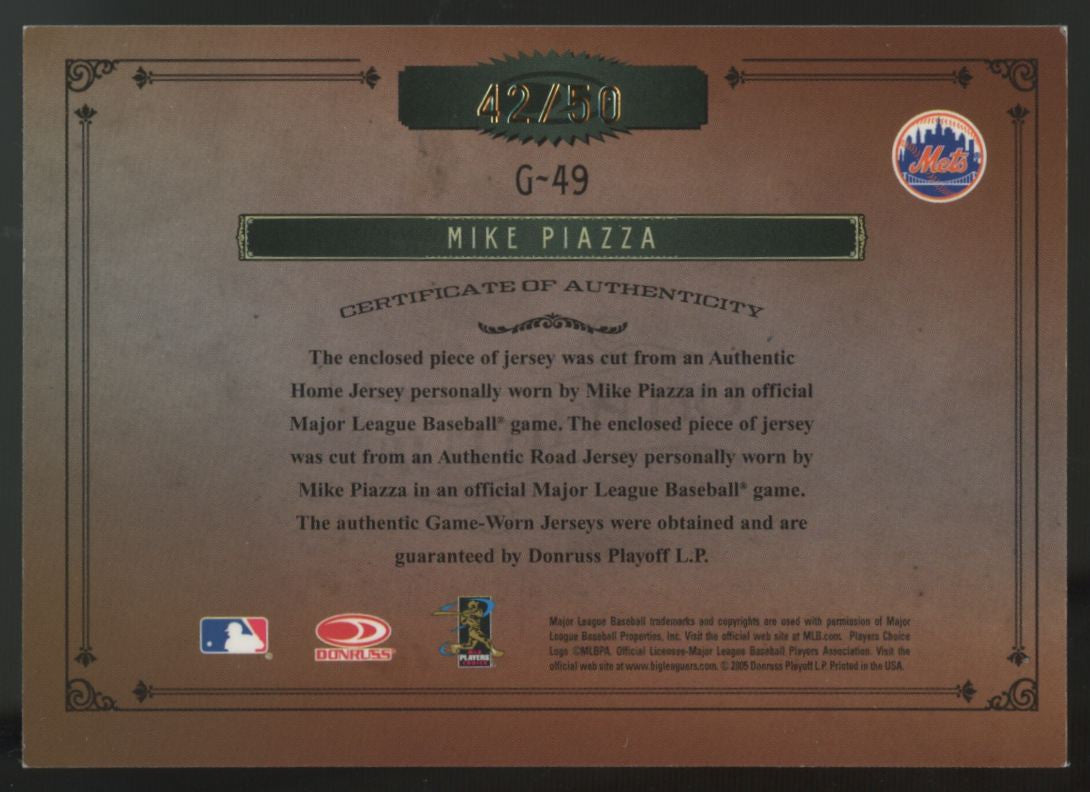 2005 Timeless Treasures Mike Piazza Gamers Home & Road Dual Patch /50 #G-49
